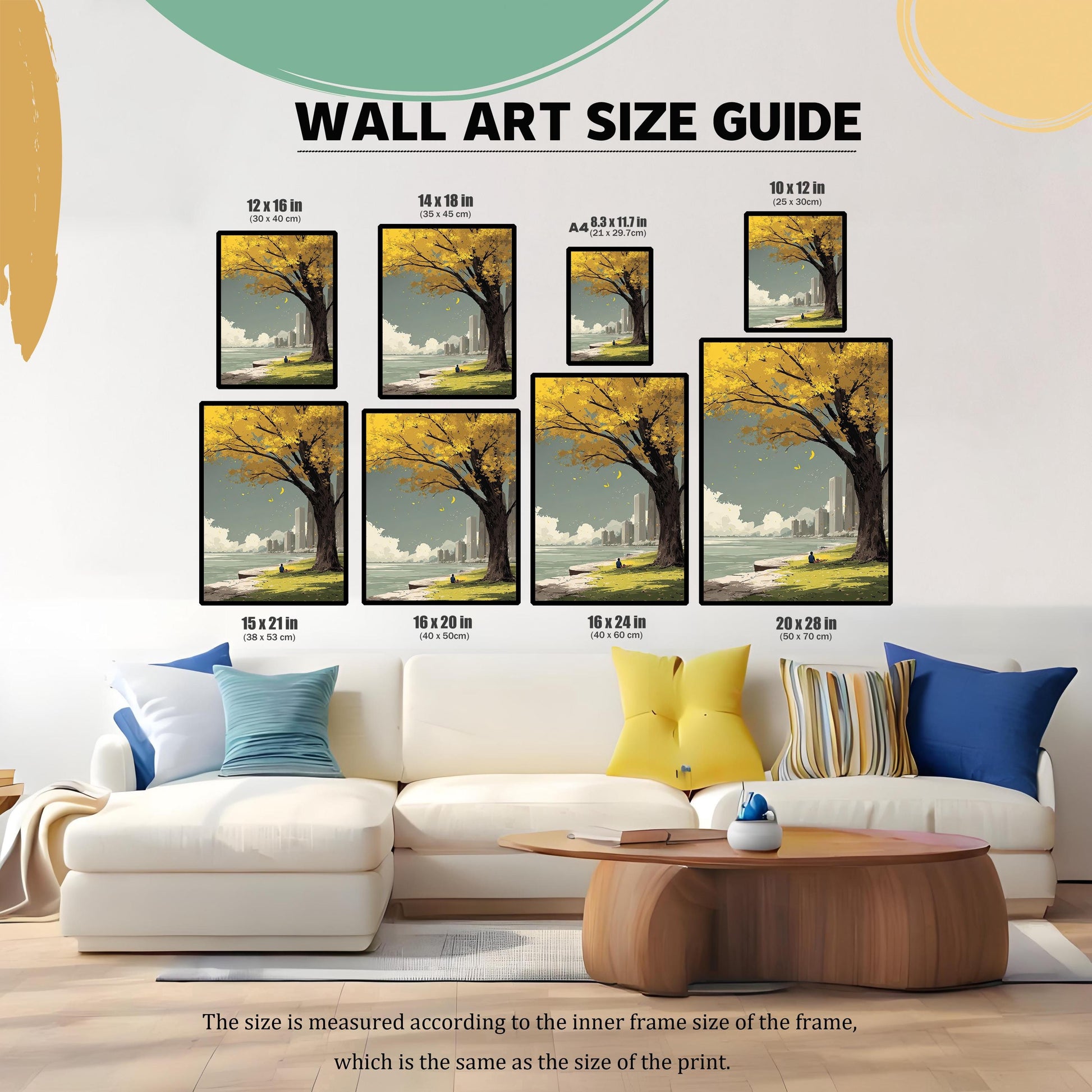 Wall Art Size Guide image showing the yellow tree and city art print in eight different sizes placed above a white sofa for scale. Sizes include: 12x16, 14x18, 8.3x11.7 (A4), 10x12, 15x21, 16x20, 16x24, and 20x28 inches.