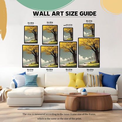 Wall Art Size Guide image showing the yellow tree and city art print in eight different sizes placed above a white sofa for scale. Sizes include: 12x16, 14x18, 8.3x11.7 (A4), 10x12, 15x21, 16x20, 16x24, and 20x28 inches.