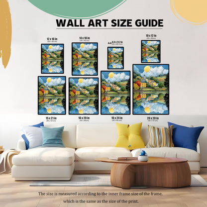 WALL ART SIZE GUIDE image showing the print in various sizes (e.g., 12x16, 16x24, 20x28) displayed above a white sofa. This helps visualize the different proportions and how they look in a room.
