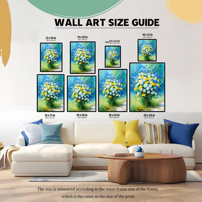 WALL ART SIZE GUIDE image showing the floral print in various sizes (e.g., 12x16, 16x24, 20x28) displayed above a white sofa. This helps visualize the different print dimensions in a room setting