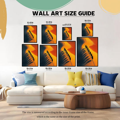 WALL ART SIZE GUIDE graphic showing the desert print in various sizes (12x16, 14x18, A4, 10x12, 15x21, 16x20, 16x24, 20x28 inches) displayed above a white couch, helping customers visualize the scale.