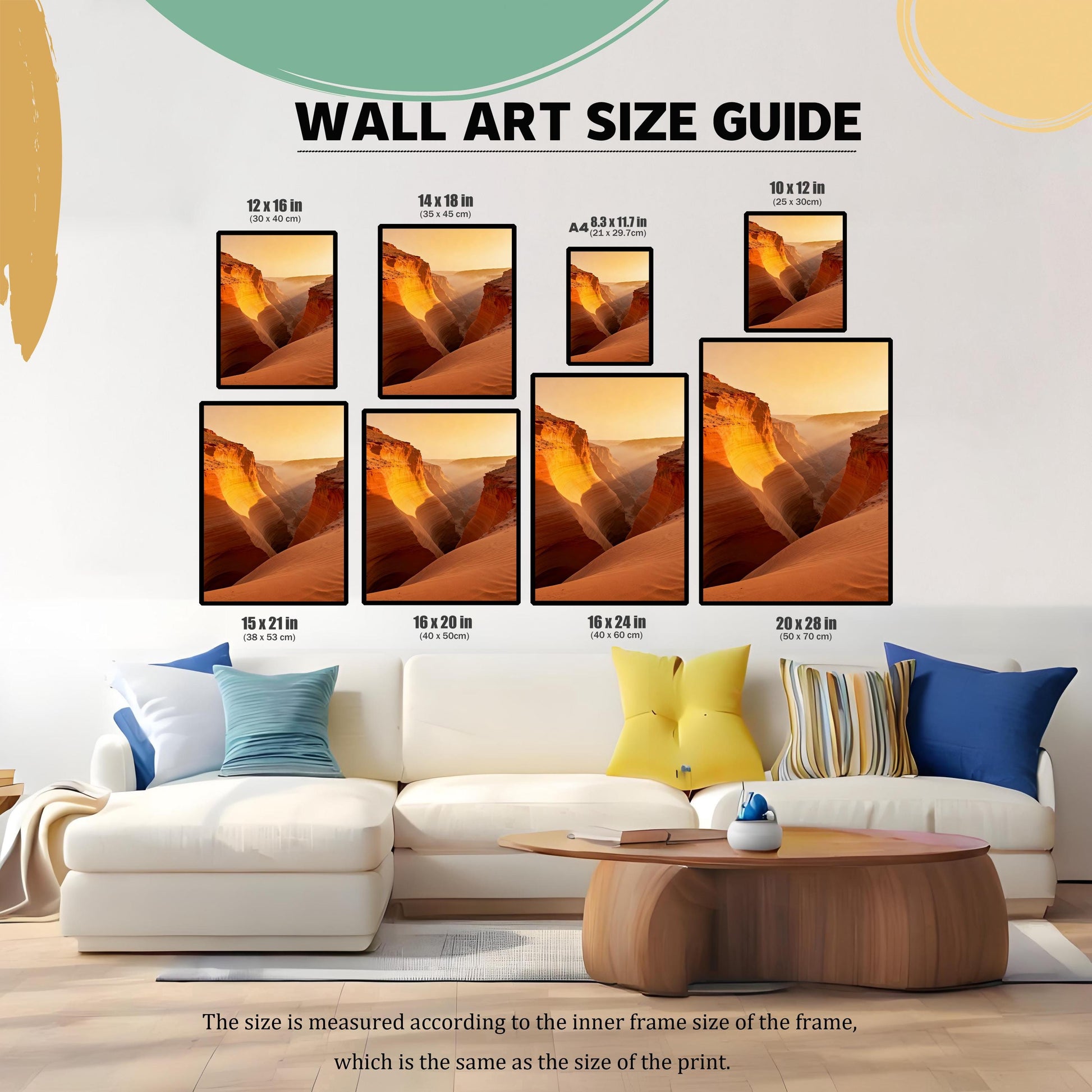 Wall Art Size Guide showing eight different print sizes (10x12, 12x16, 14x18, 15x21, 16x20, 16x24, 20x28 inches, and A4) featuring the canyon art, displayed above a white sectional couch and coffee table for scale.