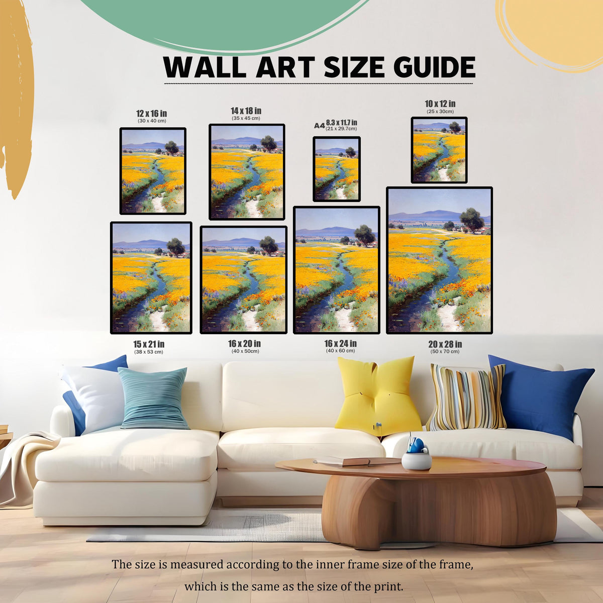 Wall Art Size Guide graphic showing eight different size options (12x16 in, 14x18 in, A4, 10x12 in, 15x21 in, 16x20 in, 16x24 in, 20x28 in) arranged above a large white couch for scale.