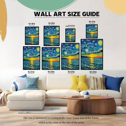Wall Art Size Guide image showing the print in eight different sizes placed above a white couch for scale, with dimensions: 12x16, 14x18, 8.3x11.7 (A4), 10x12, 15x21, 16x20, 16x24, and 20x28 inches.
