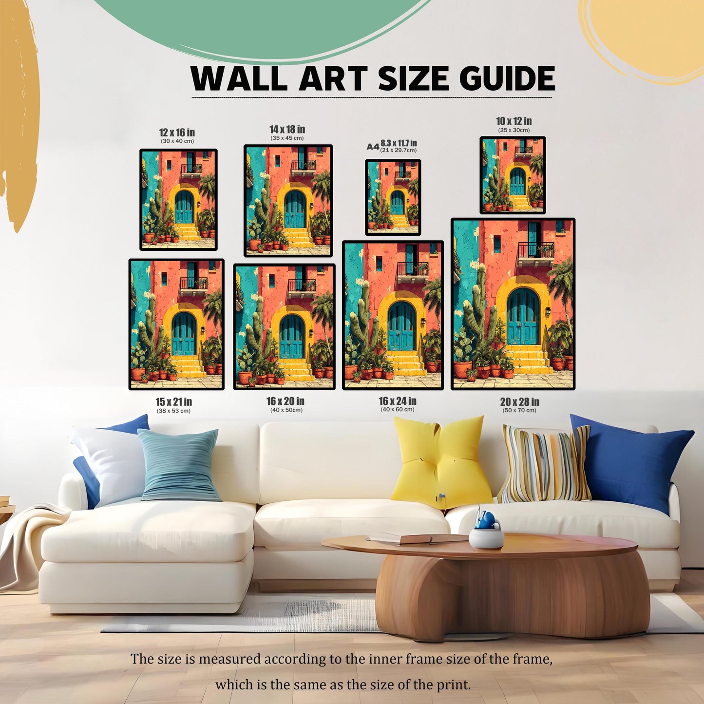 WALL ART SIZE GUIDE graphic showing the print in various sizes (12x16, 14x18, A4, 10x12, 15x21, 16x20, 16x24, 20x28 inches) displayed above a white couch, helping customers visualize the scale.