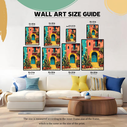 WALL ART SIZE GUIDE graphic showing the print in various sizes (12x16, 14x18, A4, 10x12, 15x21, 16x20, 16x24, 20x28 inches) displayed above a white couch, helping customers visualize the scale.