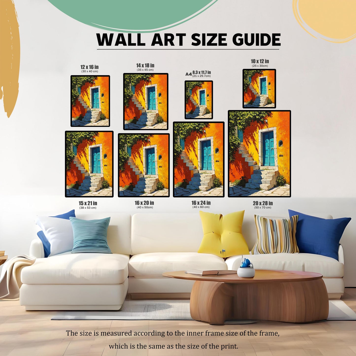 WALL ART SIZE GUIDE graphic showing the print in various sizes (12x16, 14x18, A4, 10x12, 15x21, 16x20, 16x24, 20x28 inches) displayed above a white couch, helping customers visualize the scale.