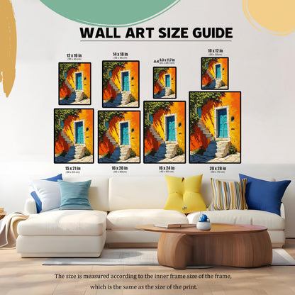 WALL ART SIZE GUIDE graphic showing the print in various sizes (12x16, 14x18, A4, 10x12, 15x21, 16x20, 16x24, 20x28 inches) displayed above a white couch, helping customers visualize the scale.