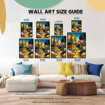 Wall art size guide showing seven different sizes of the framed desert landscape art print above a white couch, providing scale. Sizes include: 12x16 in, 14x18 in, A4, 10x12 in, 15x21 in, 16x20 in, 16x24 in, and 20x28 in.
