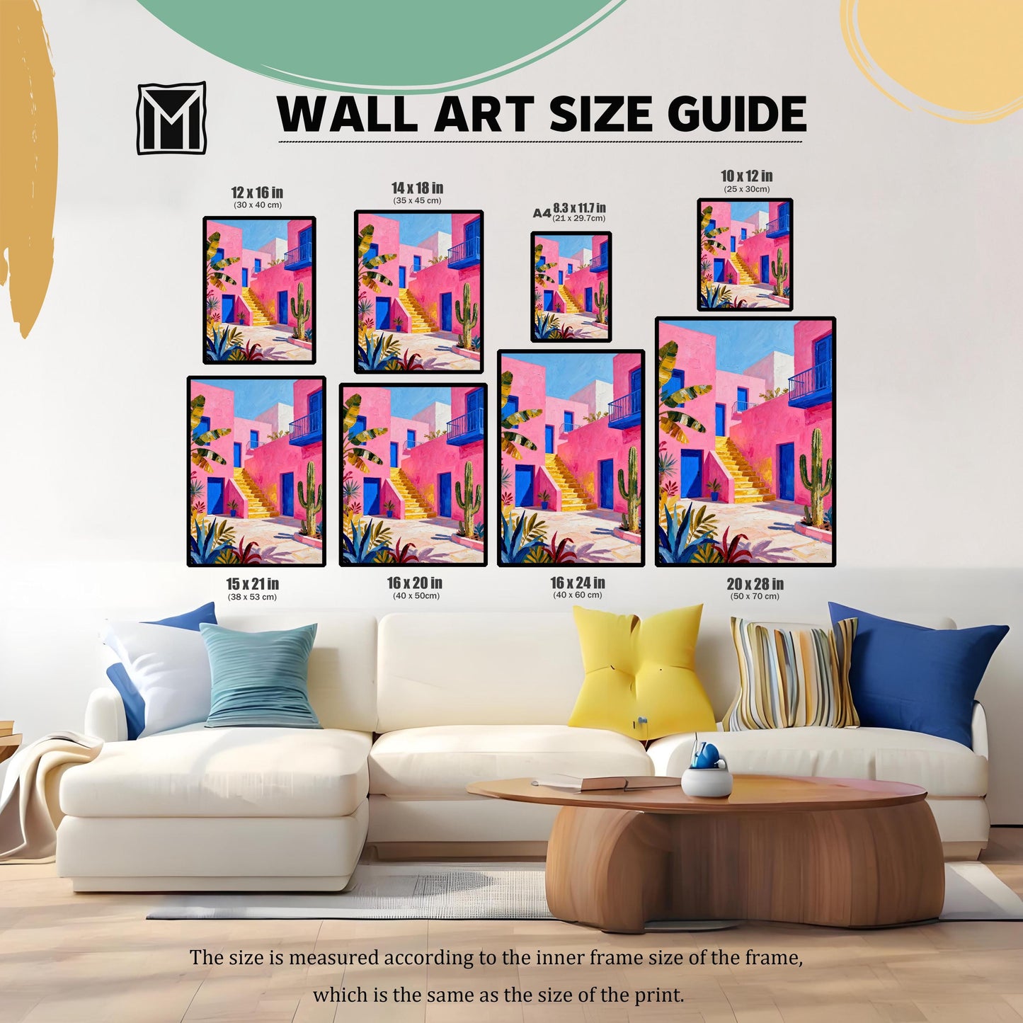 A Wall Art Size Guide showing a pink, blue, and yellow painting of a courtyard in various print sizes (10x12, 12x16, 14x18, A4, 15x21, 16x20, 16x24, 20x28 in) hanging above a white sofa to illustrate scale.