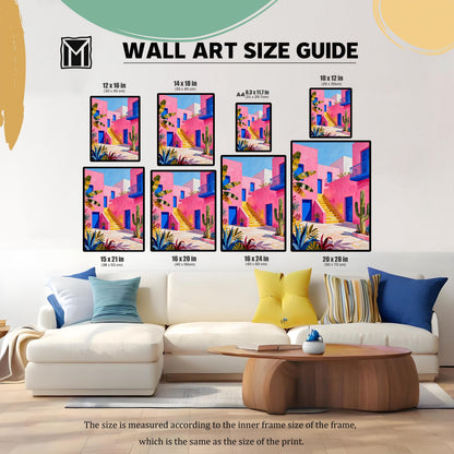 A Wall Art Size Guide showing a pink, blue, and yellow painting of a courtyard in various print sizes (10x12, 12x16, 14x18, A4, 15x21, 16x20, 16x24, 20x28 in) hanging above a white sofa to illustrate scale.