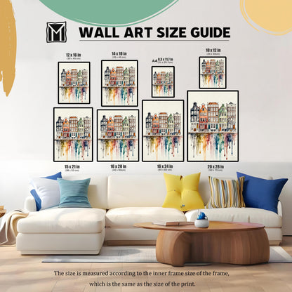 WALL ART SIZE GUIDE image showing eight different print sizes (e.g., 12x16 in, 20x28 in) arranged above a large white couch to illustrate relative scale in a living room setting.