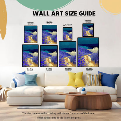 WALL ART SIZE GUIDE. An image demonstrating various print sizes of the night landscape art hanging above a large white couch. Sizes include: 12x16 in, 14x18 in, A4 (8.3x11.7 in), 10x12 in, 15x21 in, 16x20 in, 16x24 in, and 20x28 in.