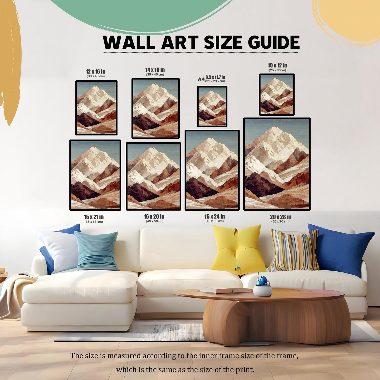 WALL ART SIZE GUIDE. An image demonstrating various print sizes of the mountain art hanging above a large white couch. Sizes include: 12x16 in, 14x18 in, A4 (8.3x11.7 in), 10x12 in, 15x21 in, 16x20 in, 16x24 in, and 20x28 in.