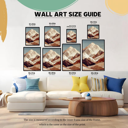 WALL ART SIZE GUIDE. An image demonstrating various print sizes of the mountain art hanging above a large white couch. Sizes include: 12x16 in, 14x18 in, A4 (8.3x11.7 in), 10x12 in, 15x21 in, 16x20 in, 16x24 in, and 20x28 in.