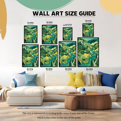 A WALL ART SIZE GUIDE showing the landscape print in eight different sizes, displayed above a white sofa with colorful pillows to illustrate scale. Sizes range from 8.3 x 11.7 in (A4) up to 20 x 28 in (50 x 70 cm).