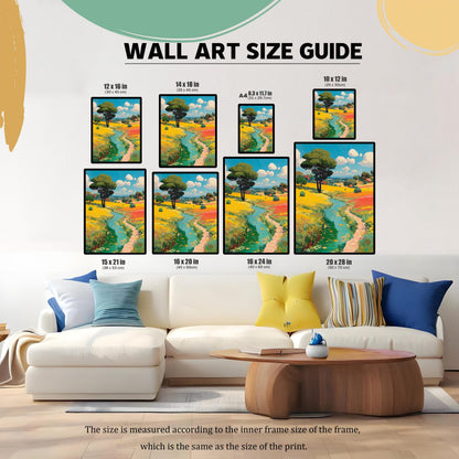 Wall art size guide showing seven different print dimensions in inches and centimeters, displayed over a couch in a living room.