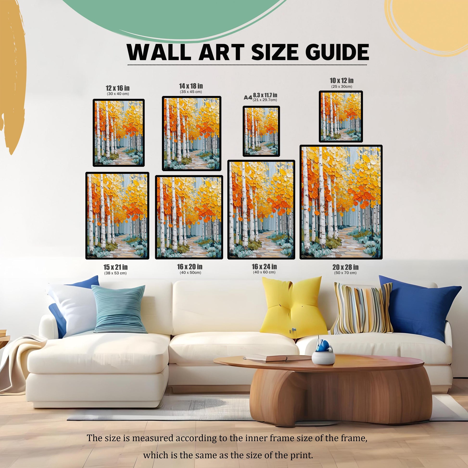 A Wall Art Size Guide graphic showing eight different framed prints of the aspen forest displayed above a white sofa. Available sizes include: 12×16 in, 14×18 in, 8.3×11.7 in (A4), 10×12 in, 15×21 in, 16×20 in, 16×24 in, and 20×28 in. The text notes the size is measured according to the inner frame size of the print.
