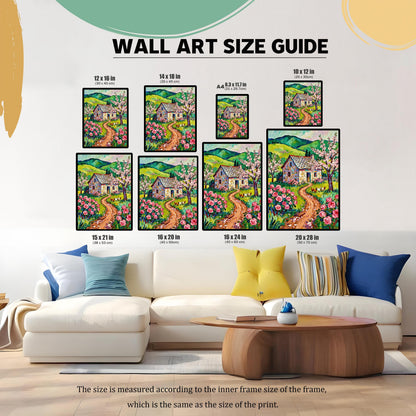 A collage of a cottage painting in various sizes arranged over a living room sofa, illustrating a "Wall Art Size Guide." Different print sizes are labeled in inches and centimeters.