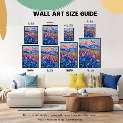 A collage of an oil painting in various sizes arranged over a living room sofa, illustrating a "Wall Art Size Guide." Different print sizes are labeled in inches and centimeters.