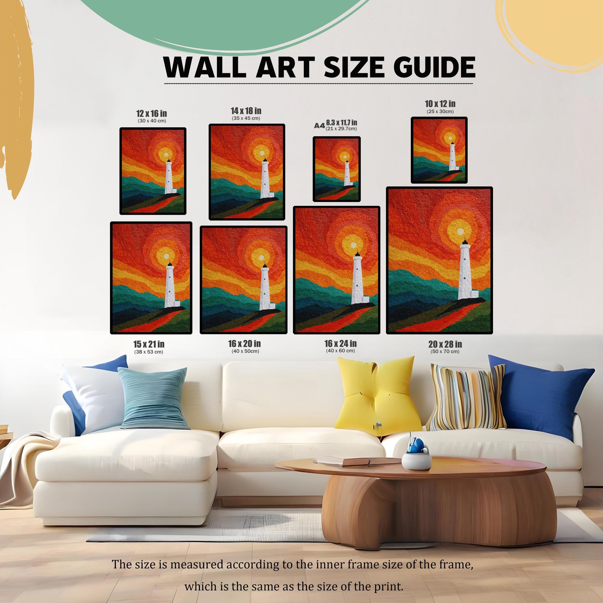 A comprehensive wall art size guide showing various dimensions from 10x12 inches to 20x28 inches, visualized above a modern white sectional sofa.