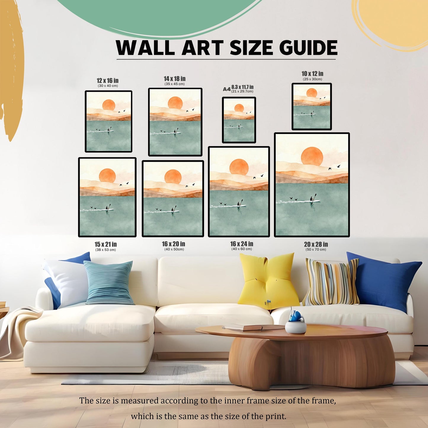 Wall art size guide showing various dimensions from 10x12 inches to 20x28 inches displayed above a white sectional sofa.