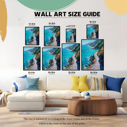 Wall art size guide infographic showing eight different print dimensions ranging from 10x12 inches to 20x28 inches displayed above a modern white sofa.