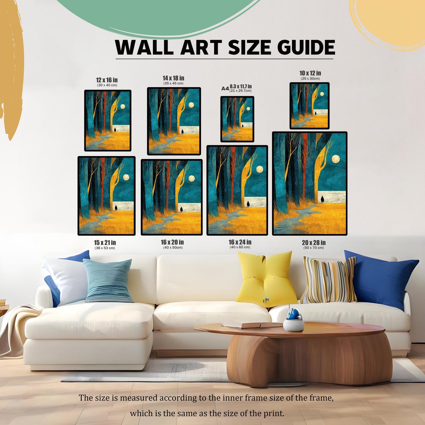 A wall art size guide showing eight different print dimensions, ranging from  inches to  inches, displayed above a white sectional sofa.