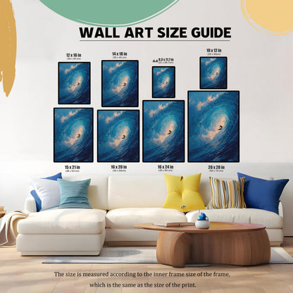 A "WALL ART SIZE GUIDE" showing various sizes of the surfing print displayed above a living room couch. The image sizes range from 8.3x11.7 inches to 20x28 inches.