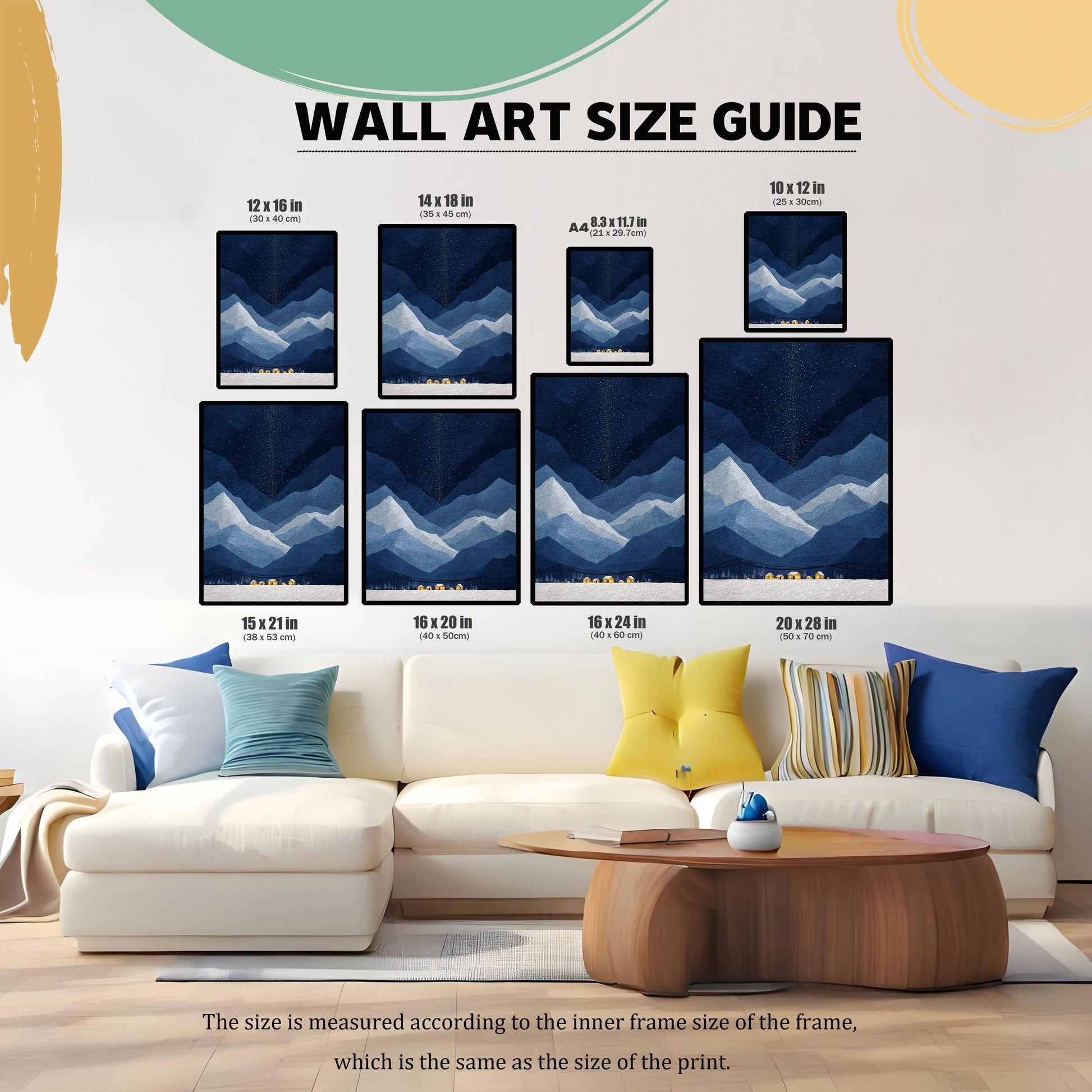 A wall art size guide showing various dimensions from  inches to  inches of the blue mountain print arranged above a white sectional sofa.