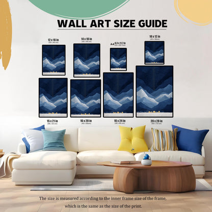 A wall art size guide showing various dimensions from  inches to  inches of the blue mountain print arranged above a white sectional sofa.