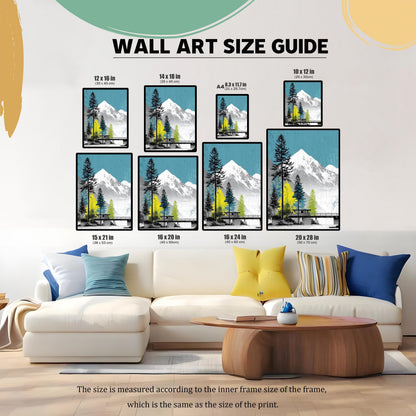 Wall art size guide showing various dimensions from 10x12 inches to 20x28 inches displayed above a sofa to help customers choose the right scale.