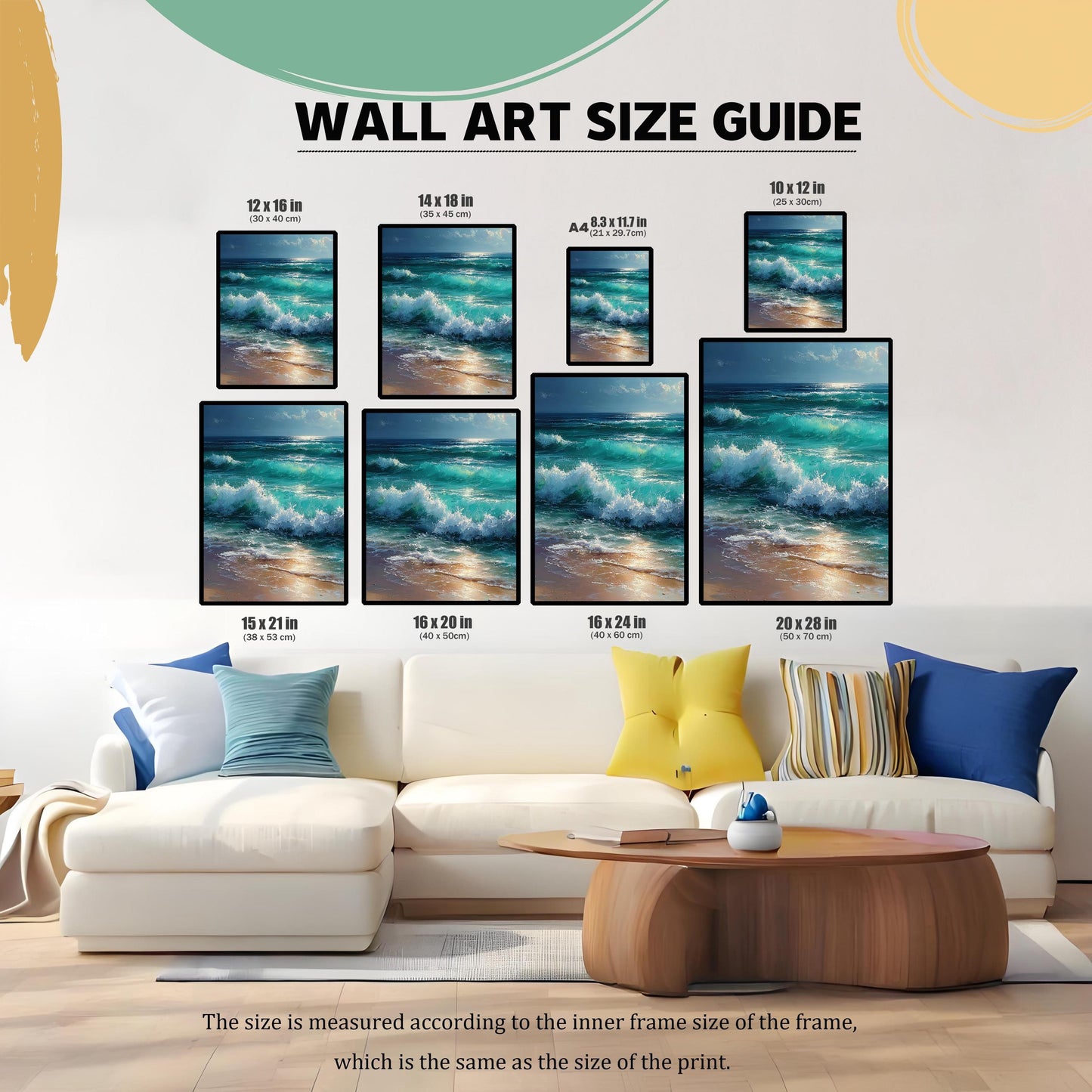 A wall art size guide displays a painting of ocean waves in various frame sizes, from 8.3 x 11.7 inches (A4) to 20 x 28 inches. The frames are arranged on a wall above a white couch.
