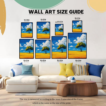 A wall art size guide displays a painting of a tree in a field in various frame sizes, from 8.3 x 11.7 inches (A4) to 20 x 28 inches. The frames are arranged on a wall above a white couch.
