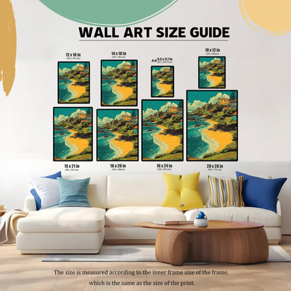 A wall art size guide displays a painting of a village by a beach in various frame sizes, from 8.3 x 11.7 inches (A4) to 20 x 28 inches. The frames are arranged on a wall above a white couch.