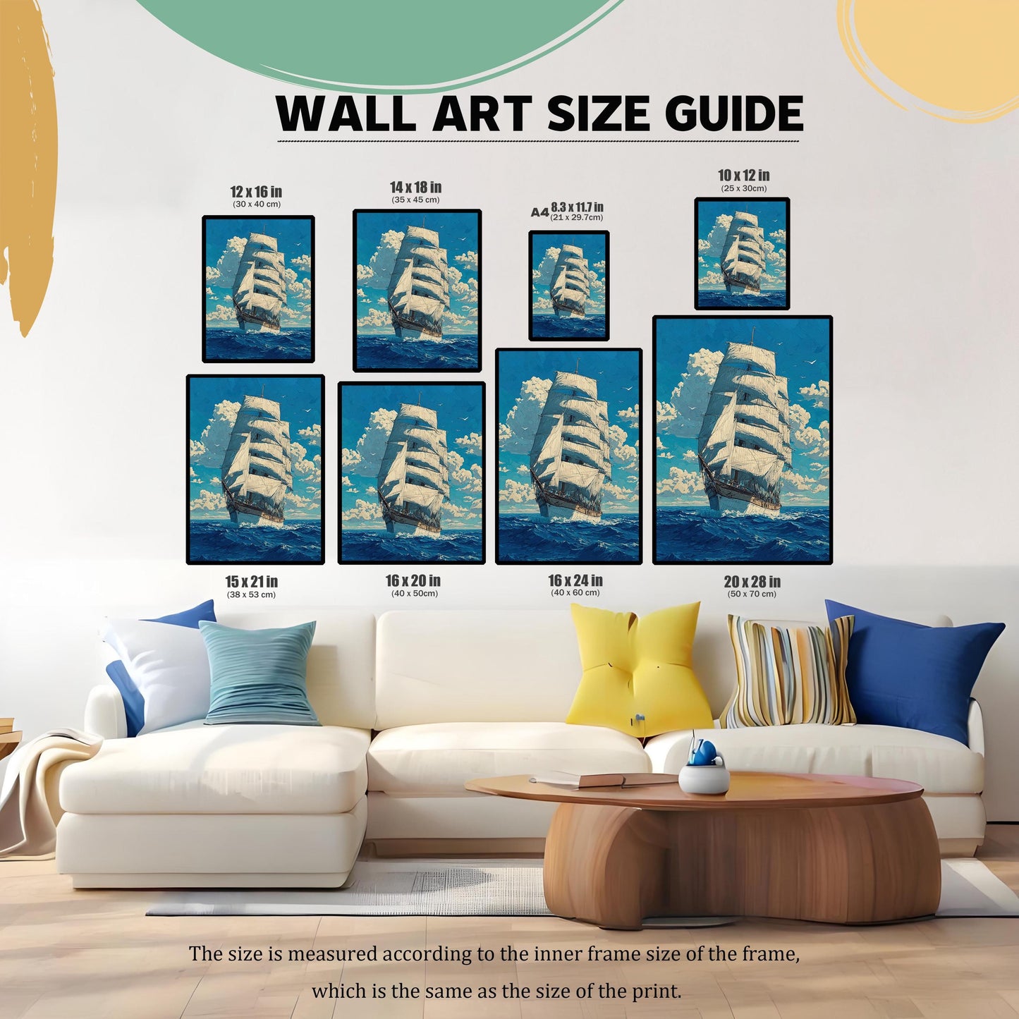 A size guide for wall art, showing the same painting in various dimensions, framed and arranged above a white couch. Sizes listed include 12x16, 14x18, 8.3x11.7 (A4), 10x12, 15x21, 16x20, 16x24, and 20x28 inches.