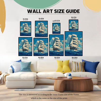 A size guide for wall art, showing the same painting in various dimensions, framed and arranged above a white couch. Sizes listed include 12x16, 14x18, 8.3x11.7 (A4), 10x12, 15x21, 16x20, 16x24, and 20x28 inches.