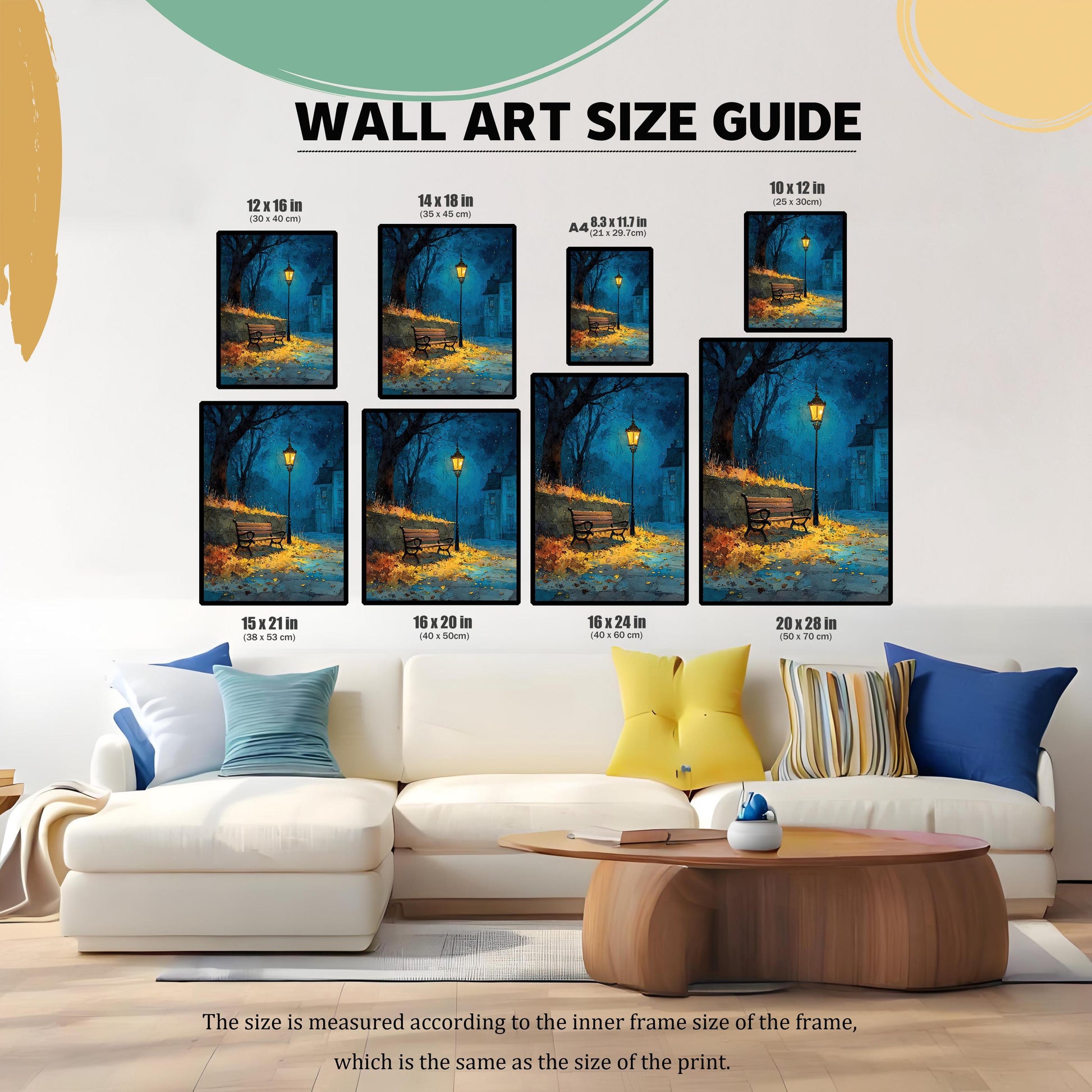 An illustration showing various sizes of a framed painting displayed on a wall above a white couch. The size options are listed above each image.