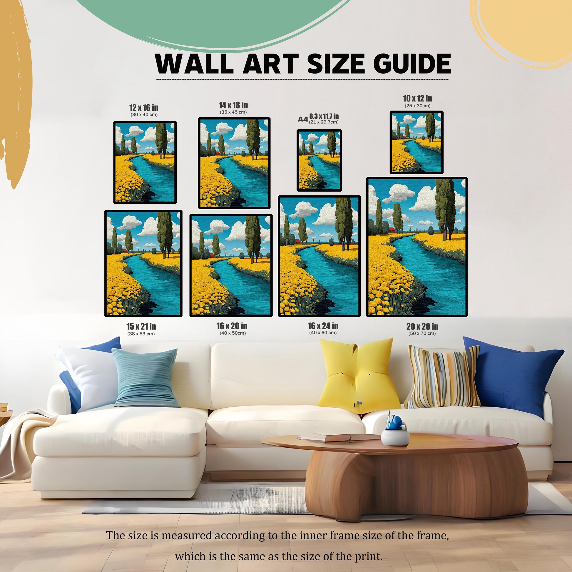 An illustration showing various sizes of a framed painting displayed on a wall above a white couch. The size options are listed above each image.