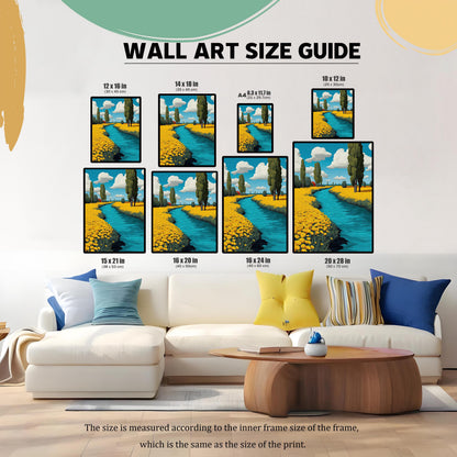 An illustration showing various sizes of a framed painting displayed on a wall above a white couch. The size options are listed above each image.