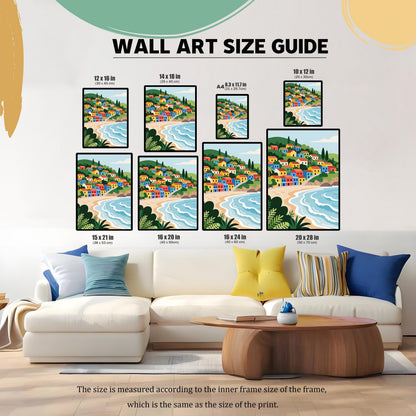 An illustration showing various sizes of a framed painting displayed on a wall above a white couch. The size options are listed above each image.