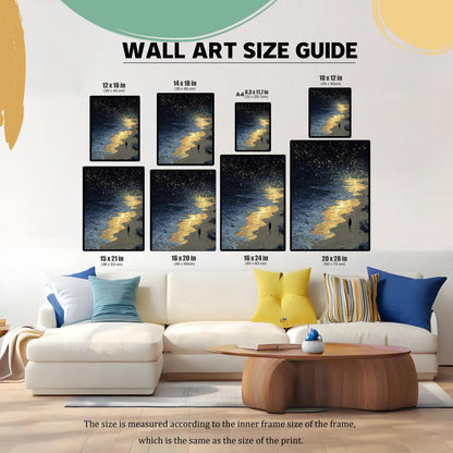 An illustration showing various sizes of a framed painting displayed on a wall above a white couch. The size options are listed above each image.