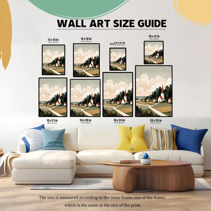 Wall Art Size Guide showing eight different dimensions of the framed print arranged above a white sectional sofa to show scale.
