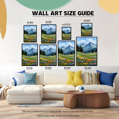 A visual size guide shows various sizes of a mountain landscape art print, with measurements in inches and centimeters, arranged on a wall above a couch.