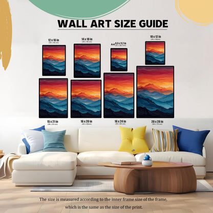 A size guide for wall art, showing the same painting in various dimensions, framed and arranged above a white couch. Sizes listed include 12x16, 14x18, 8.3x11.7 (A4), 10x12, 15x21, 16x20, 16x24, and 20x28 inches.