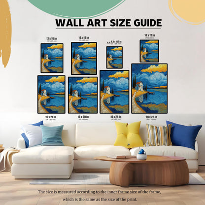 A size guide shows a variety of framed art prints placed above a white couch. The prints are in different sizes and orientations, demonstrating how they would look as wall art. The art shows a landscape with a house by a lake under a starry sky.