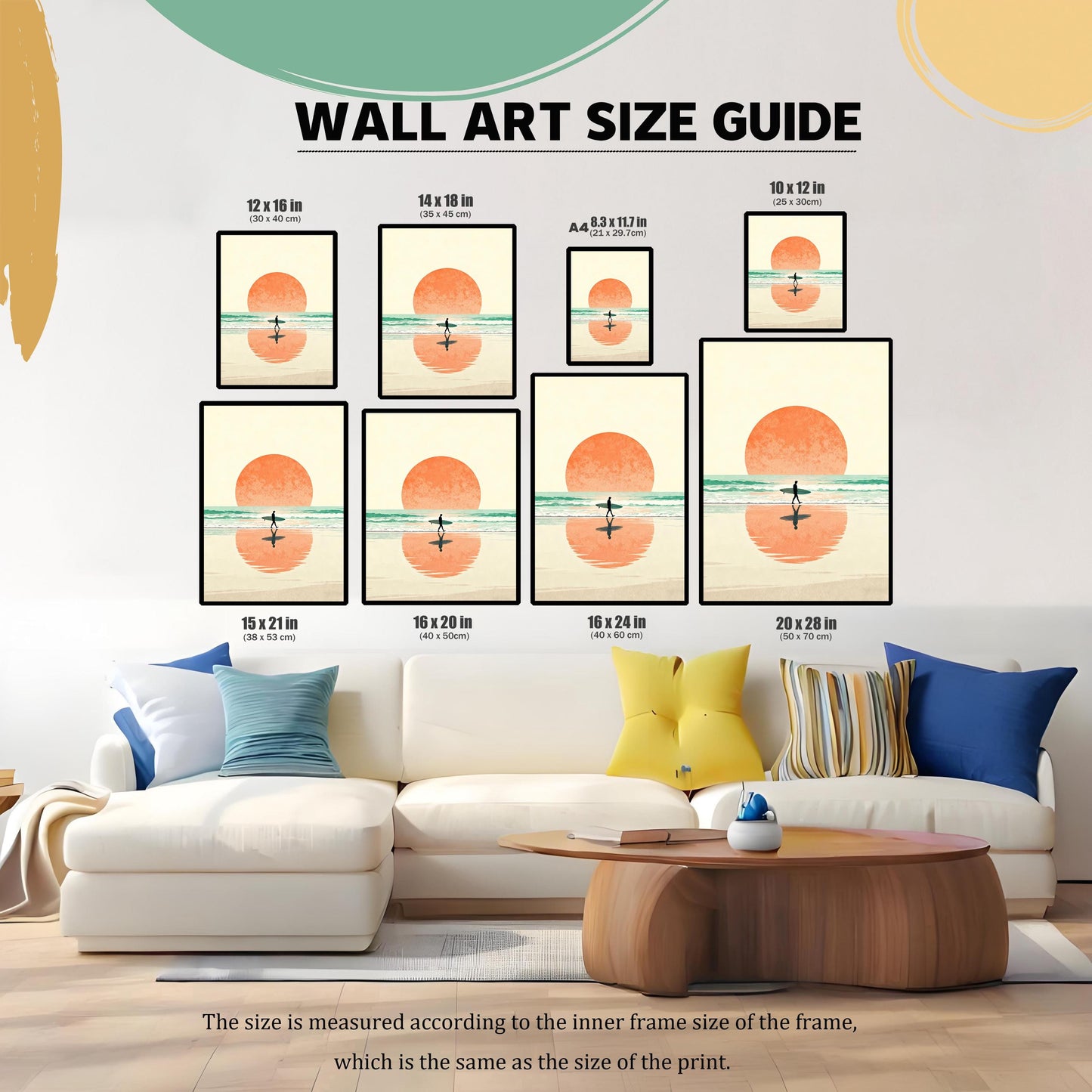 Wall Art Size Guide image showing the surfer sunset print in various sizes arranged above a couch in a living room. Sizes listed include 12x16 in, 14x18 in, A4 (8.3x11.7 in), 10x12 in, 15x21 in, 16x20 in, 16x24 in, and 20x28 in.