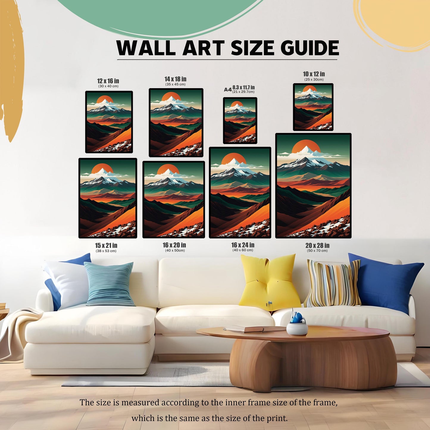 A wall art size guide showing eight different print dimensions (from 8.3x11.7 in to 20x28 in) arranged above a white sectional sofa to help customers visualize scale.