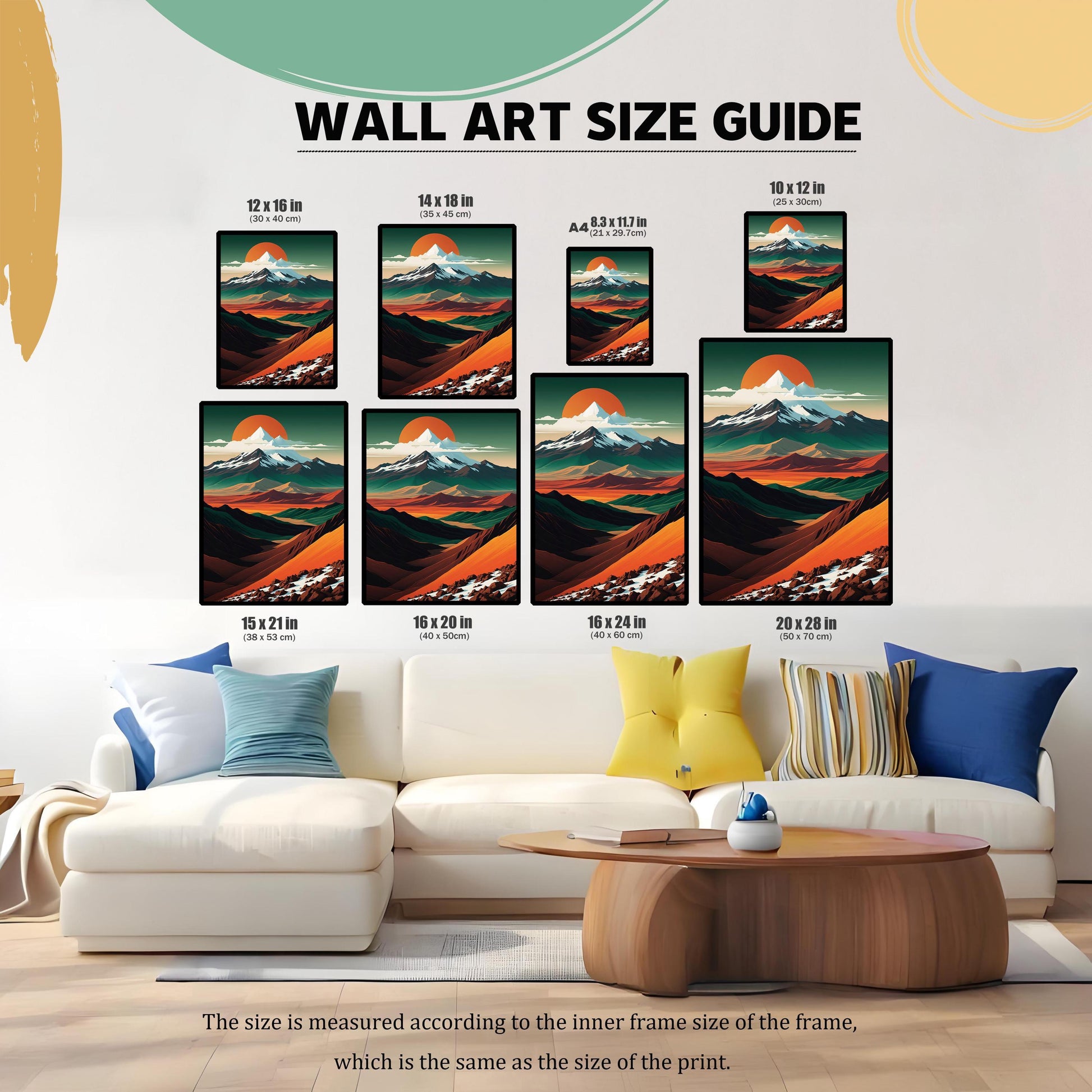 A wall art size guide showing eight different print dimensions (from 8.3x11.7 in to 20x28 in) arranged above a white sectional sofa to help customers visualize scale.