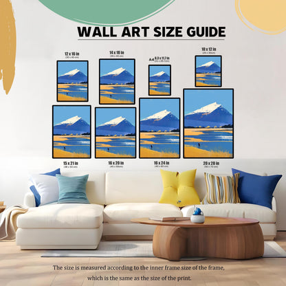 A "Wall Art Size Guide" showing eight different versions of the mountain print in various dimensions (ranging from  inches to  inches) hanging above a modern white L-shaped sofa. A note at the bottom explains that measurements refer to the inner frame size.